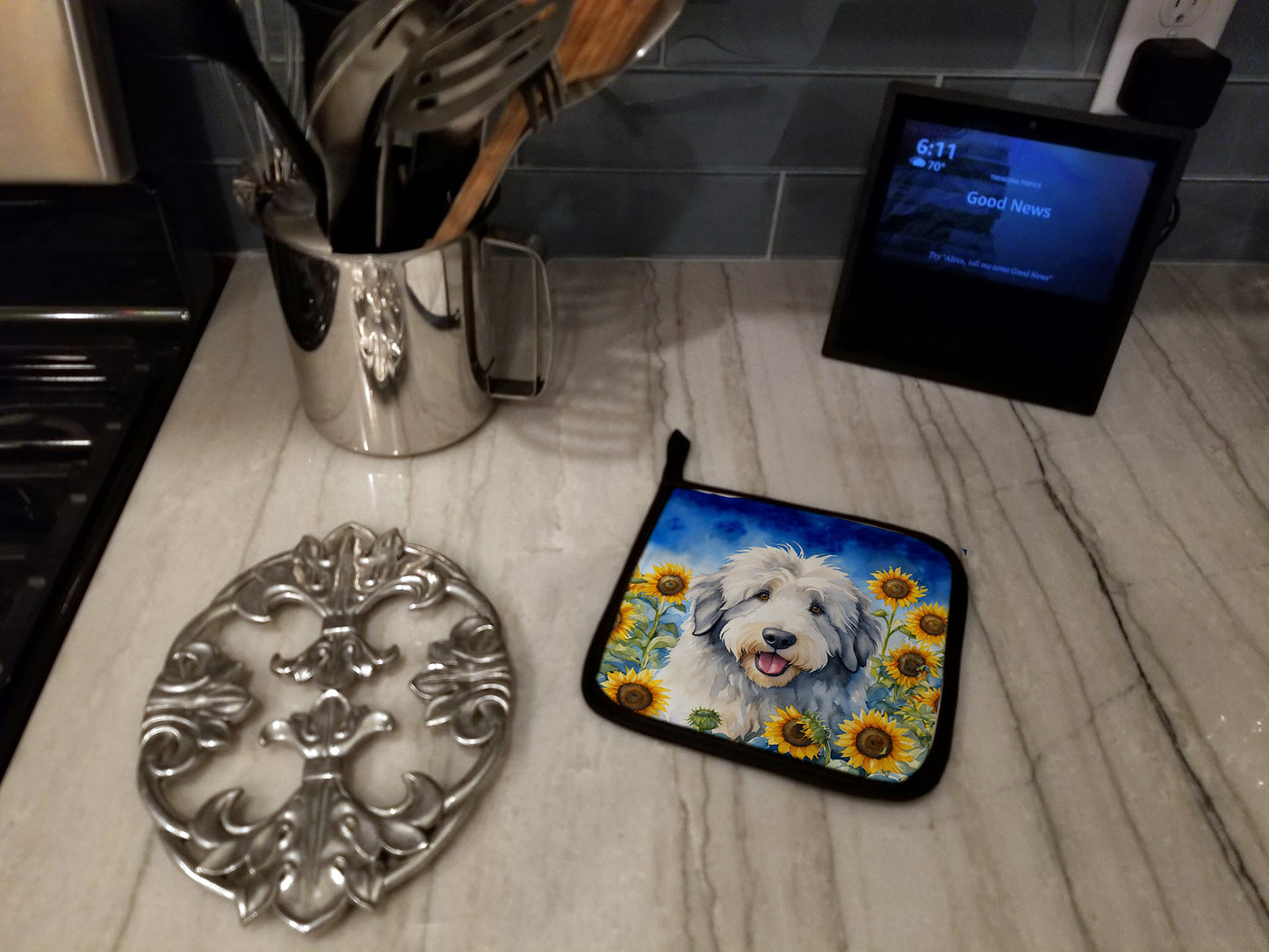 Old English Sheepdog in Sunflowers Pair of Pot Holders