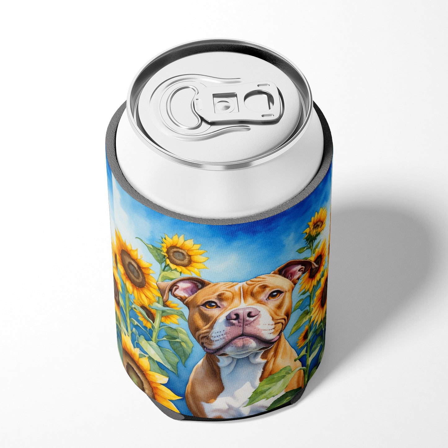 Pit Bull Terrier in Sunflowers Can or Bottle Hugger