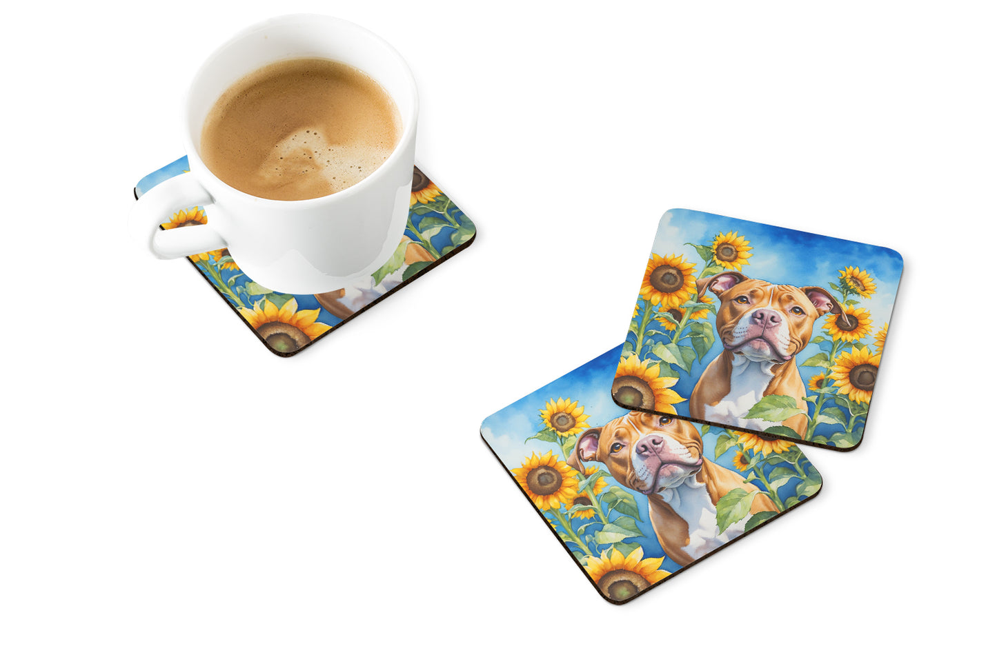 Pit Bull Terrier in Sunflowers Foam Coasters