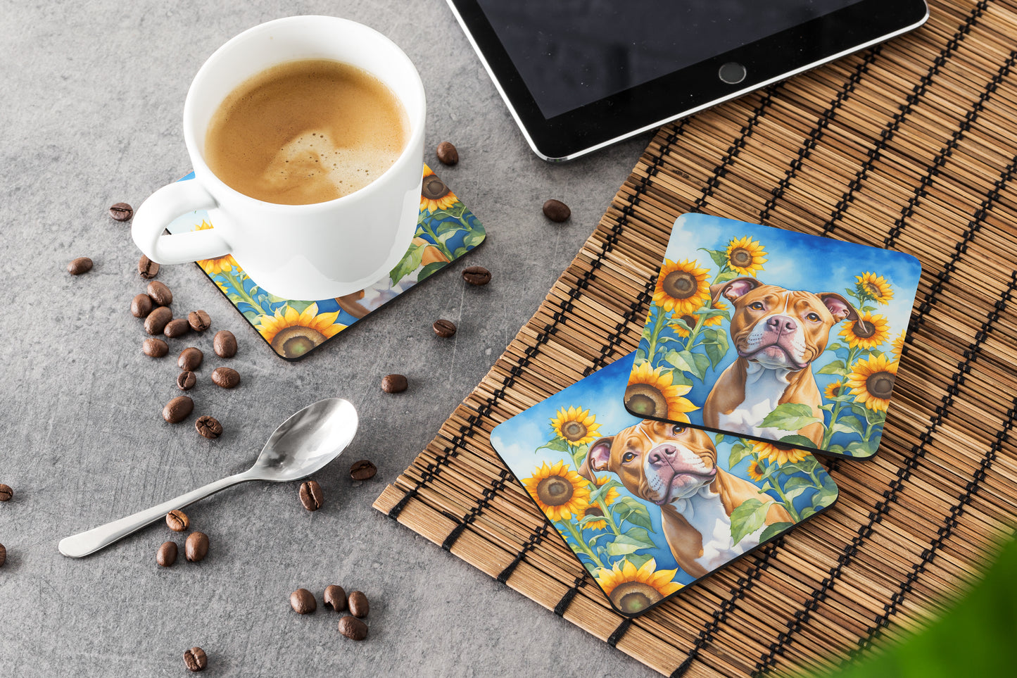 Pit Bull Terrier in Sunflowers Foam Coasters