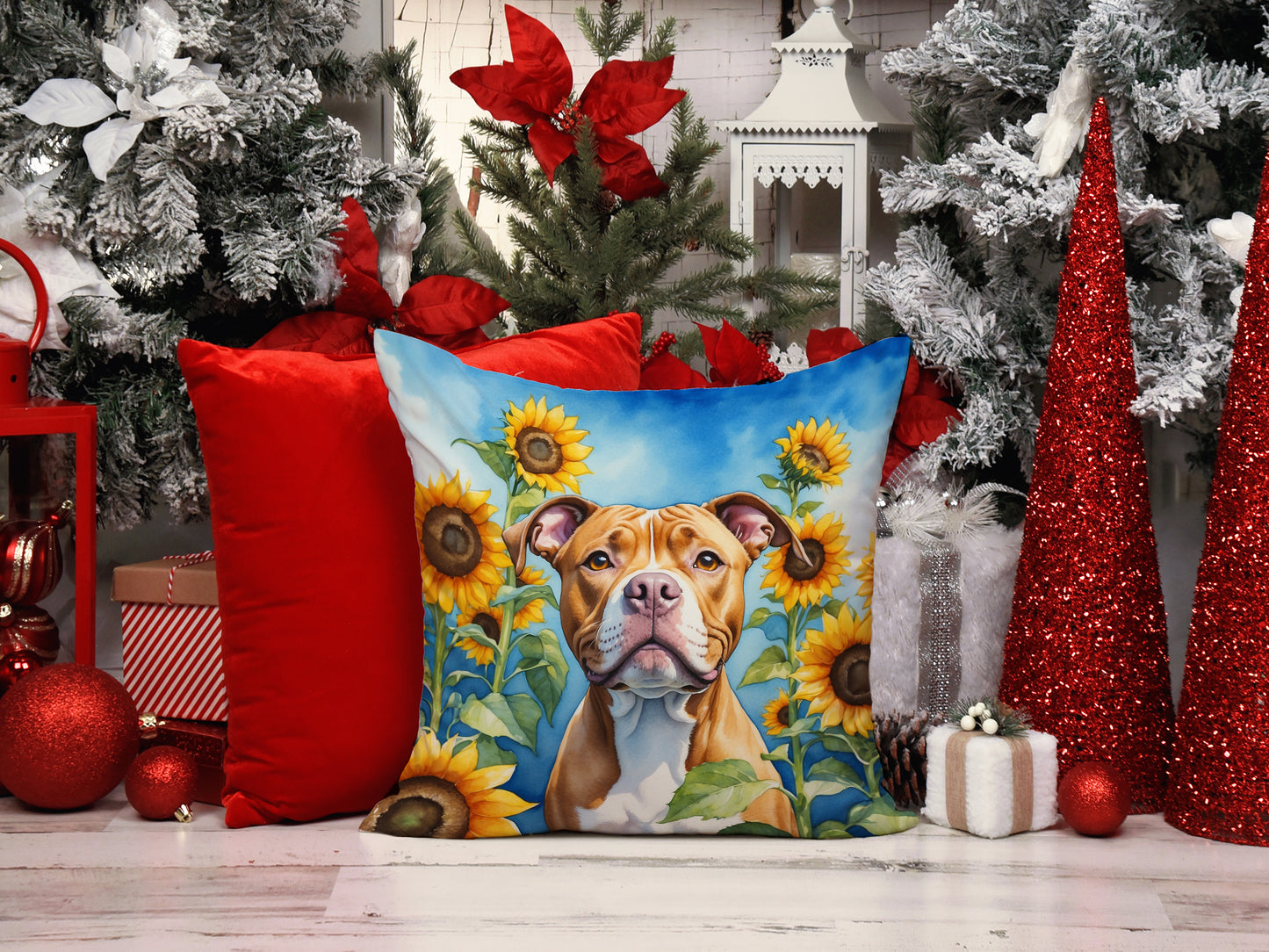 Pit Bull Terrier in Sunflowers Throw Pillow