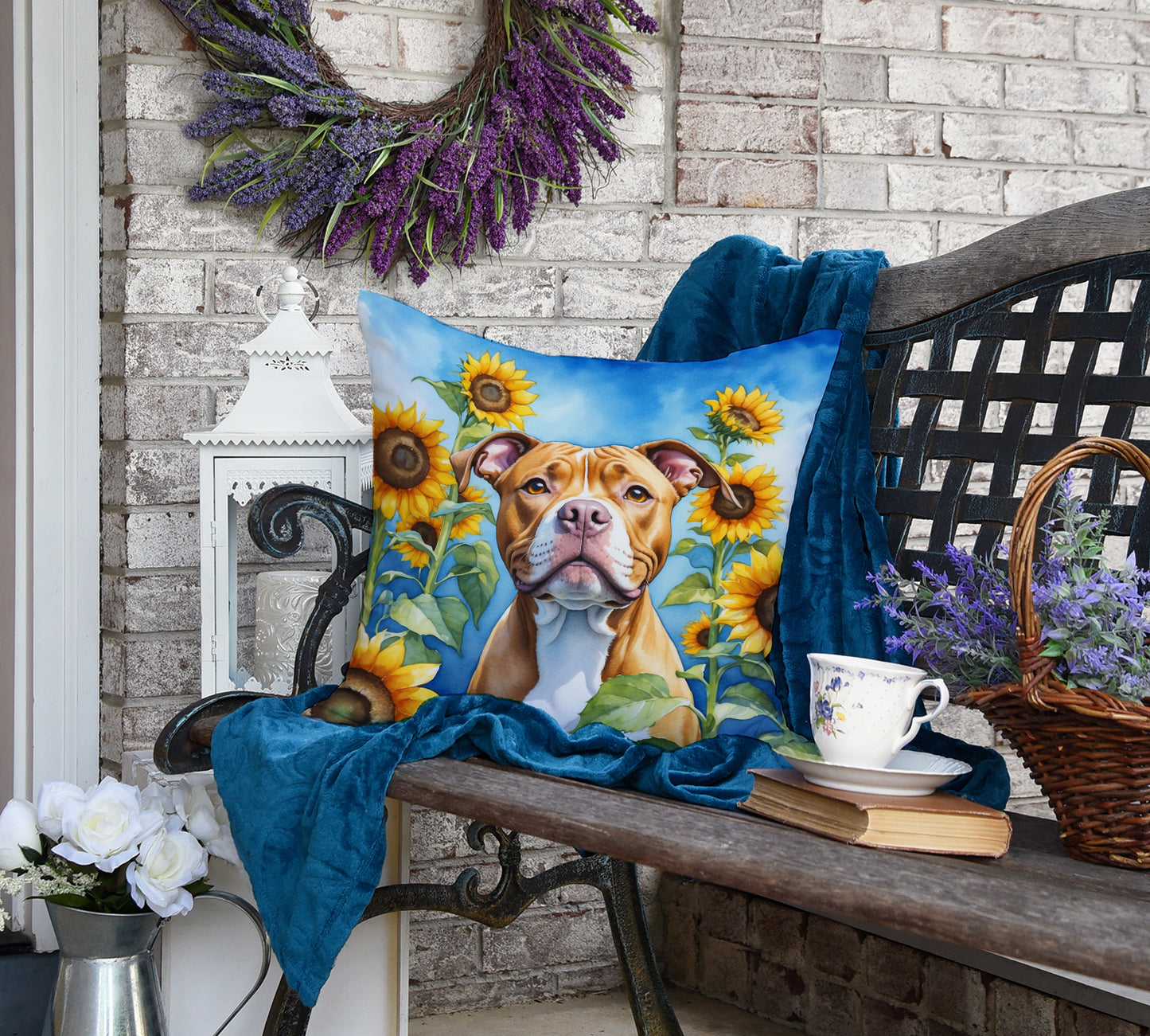 Pit Bull Terrier in Sunflowers Throw Pillow