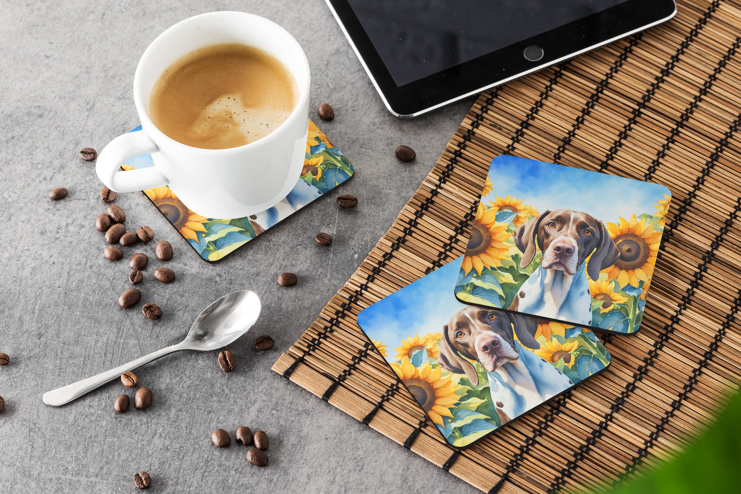 Pointer in Sunflowers Foam Coasters