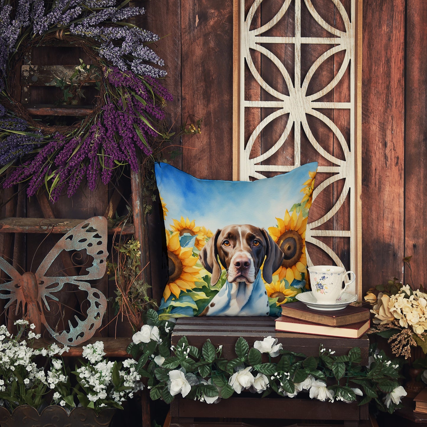 Pointer in Sunflowers Throw Pillow