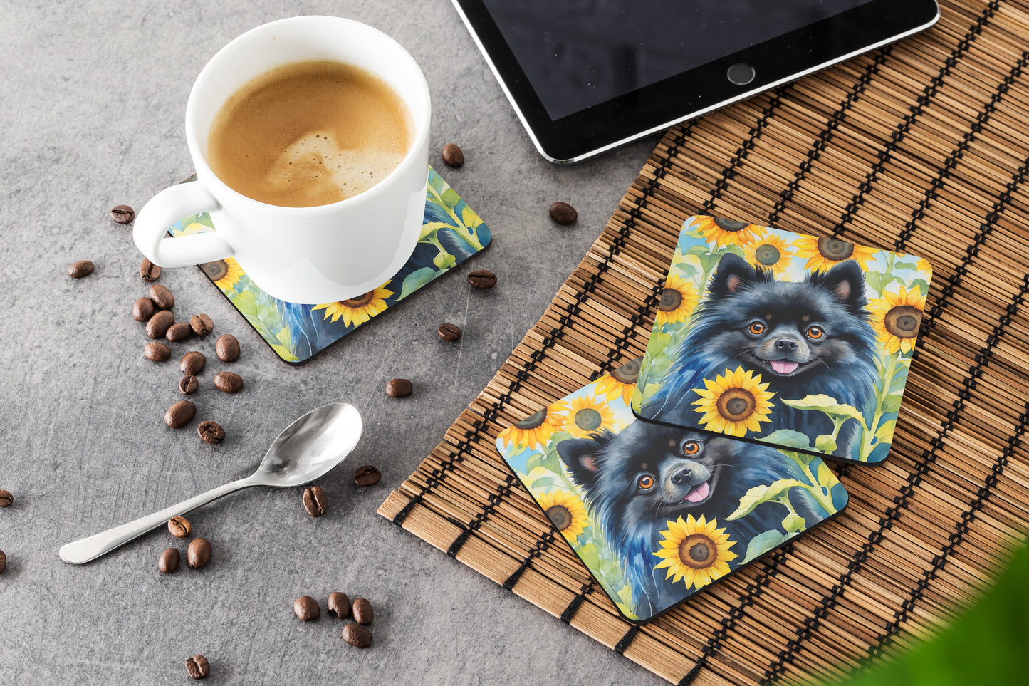 Pomeranian in Sunflowers Foam Coasters