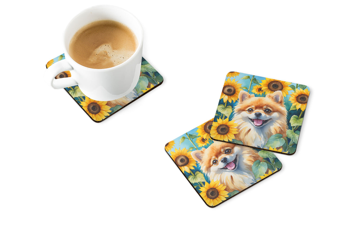 Pomeranian in Sunflowers Foam Coasters