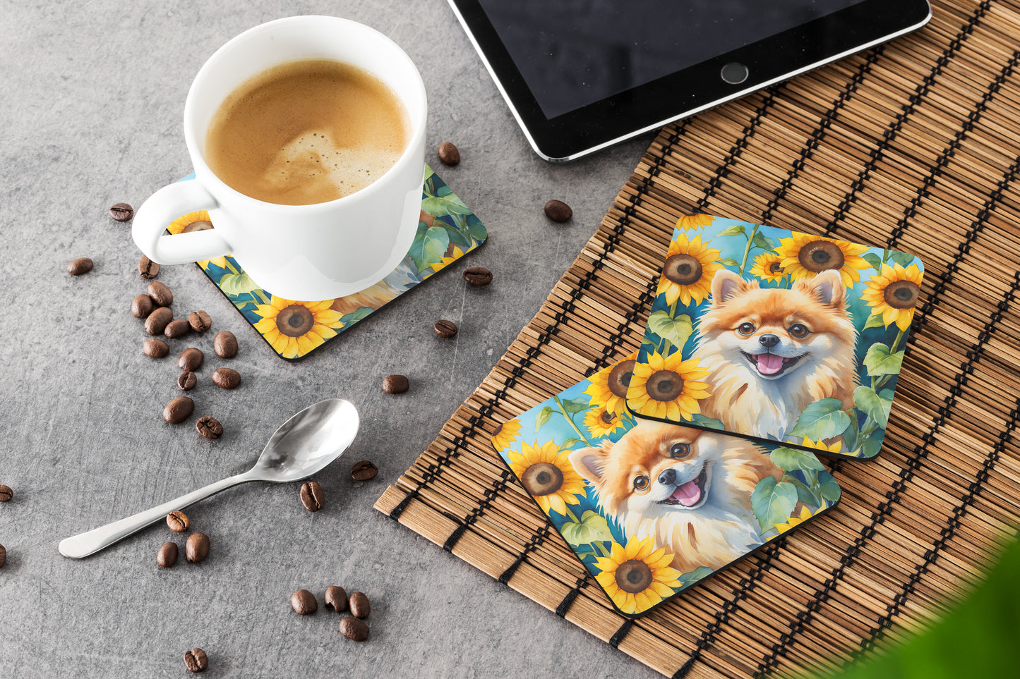 Pomeranian in Sunflowers Foam Coasters