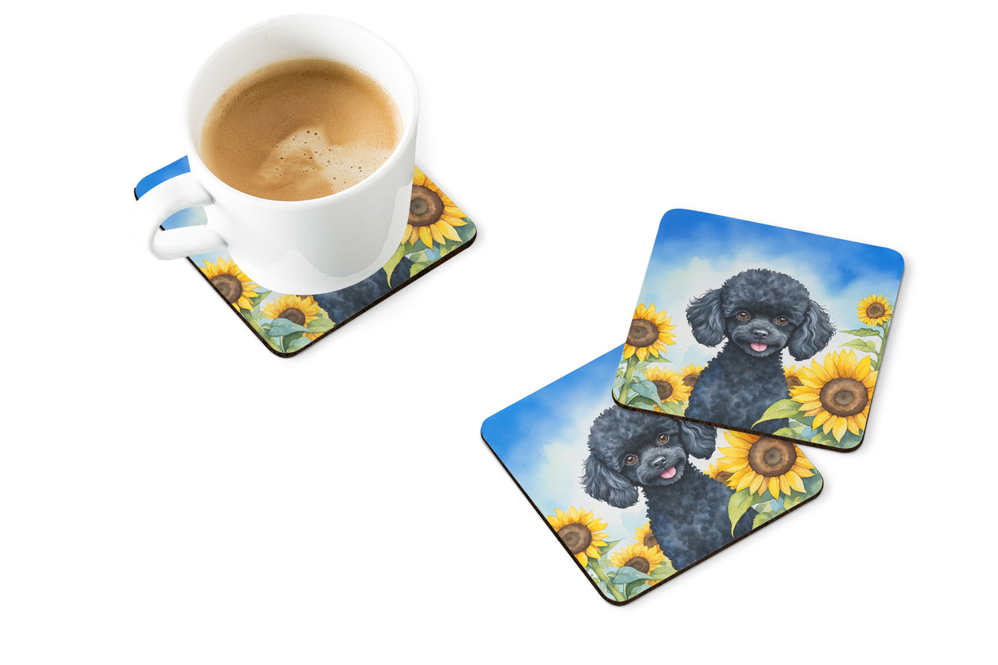 Black Poodle in Sunflowers Foam Coasters