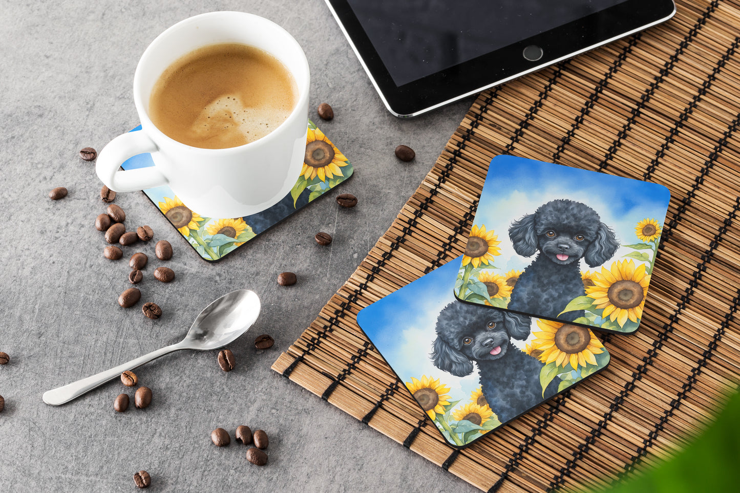 Black Poodle in Sunflowers Foam Coasters