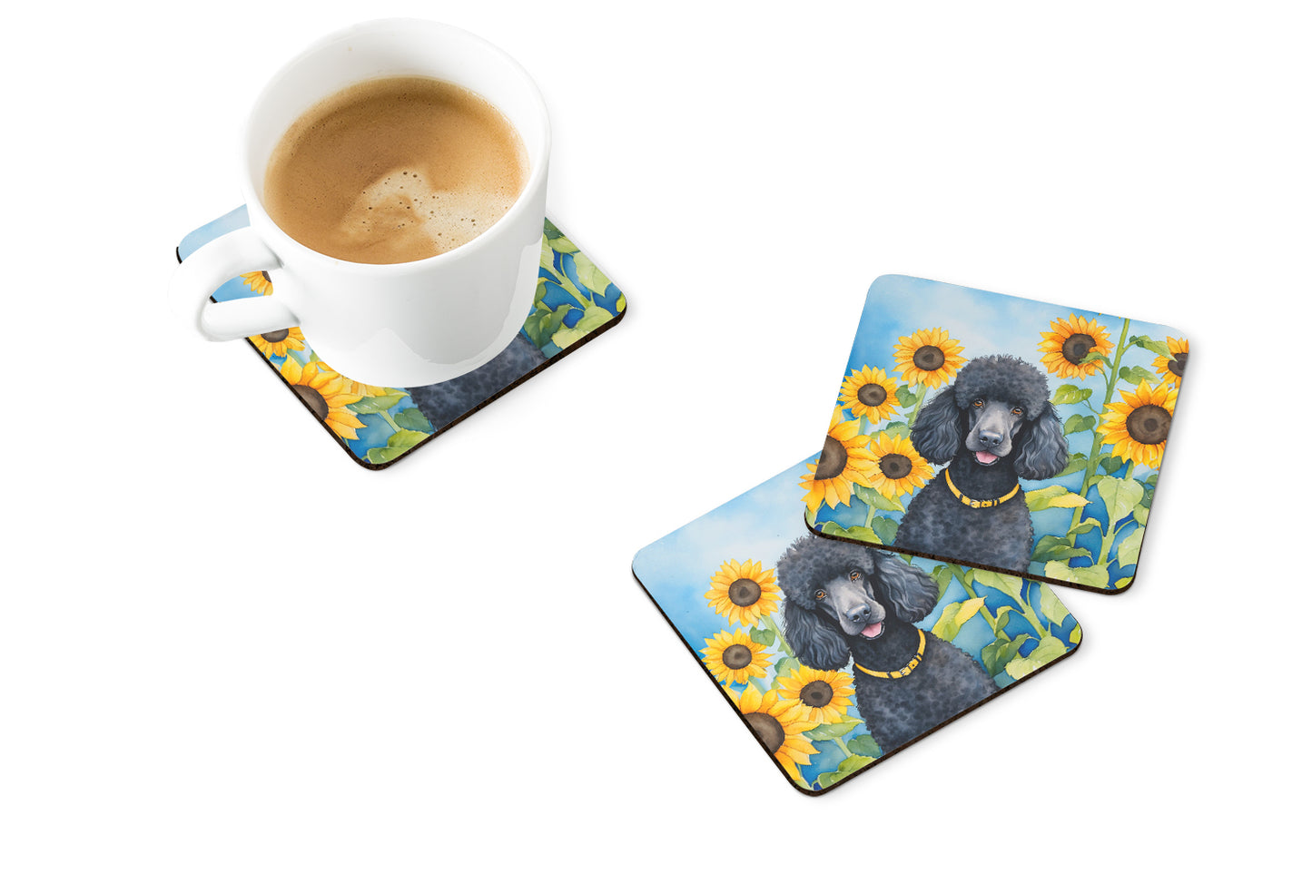 Black Poodle in Sunflowers Foam Coasters