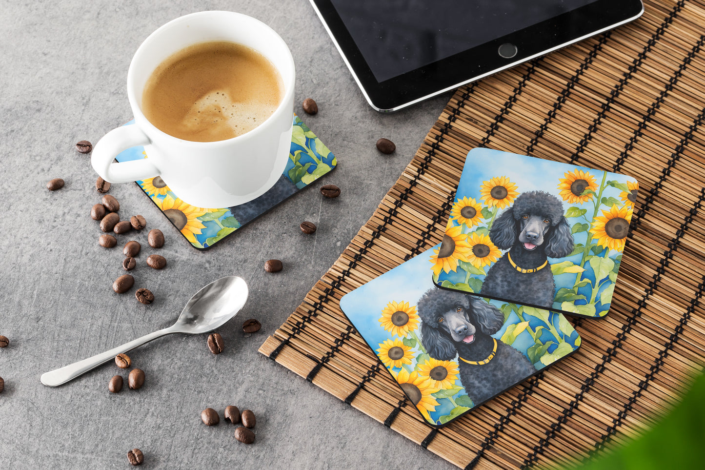 Black Poodle in Sunflowers Foam Coasters