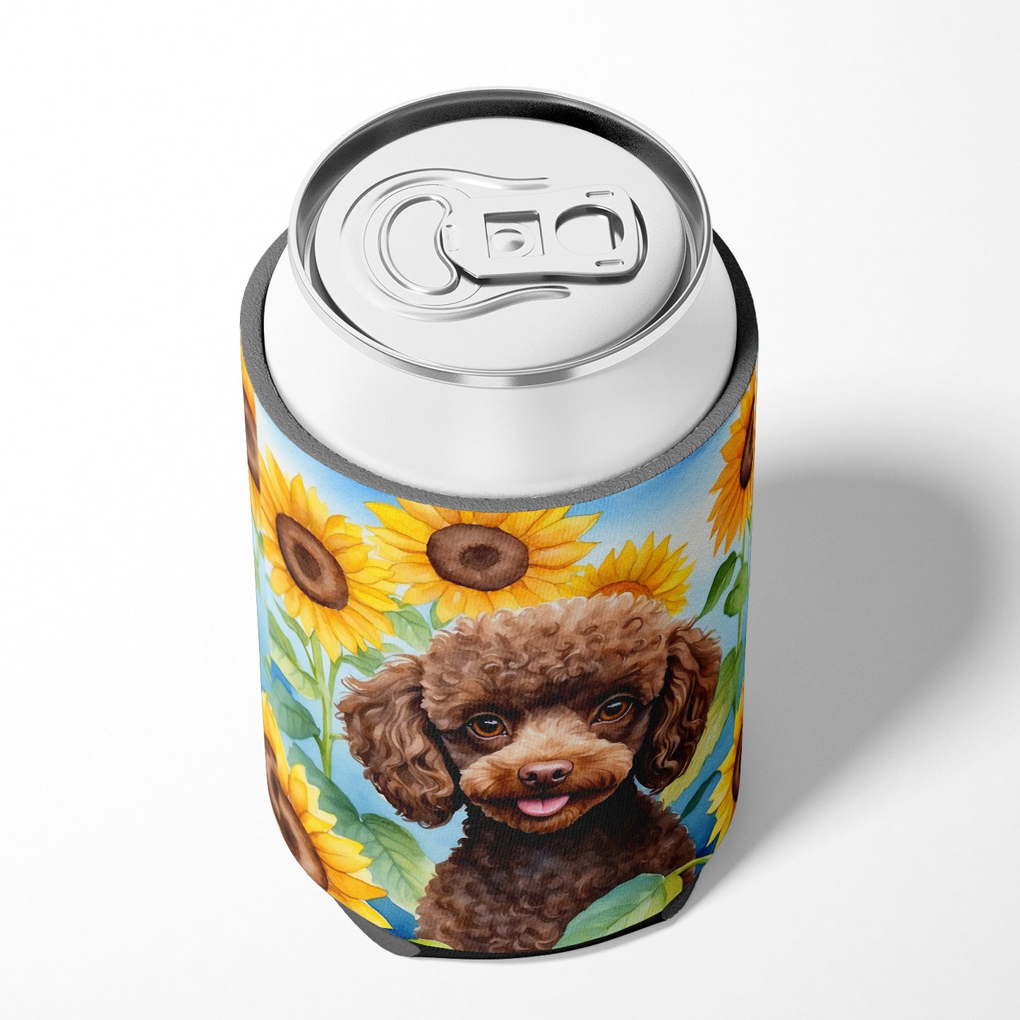 Chocolate Poodle in Sunflowers Can or Bottle Hugger