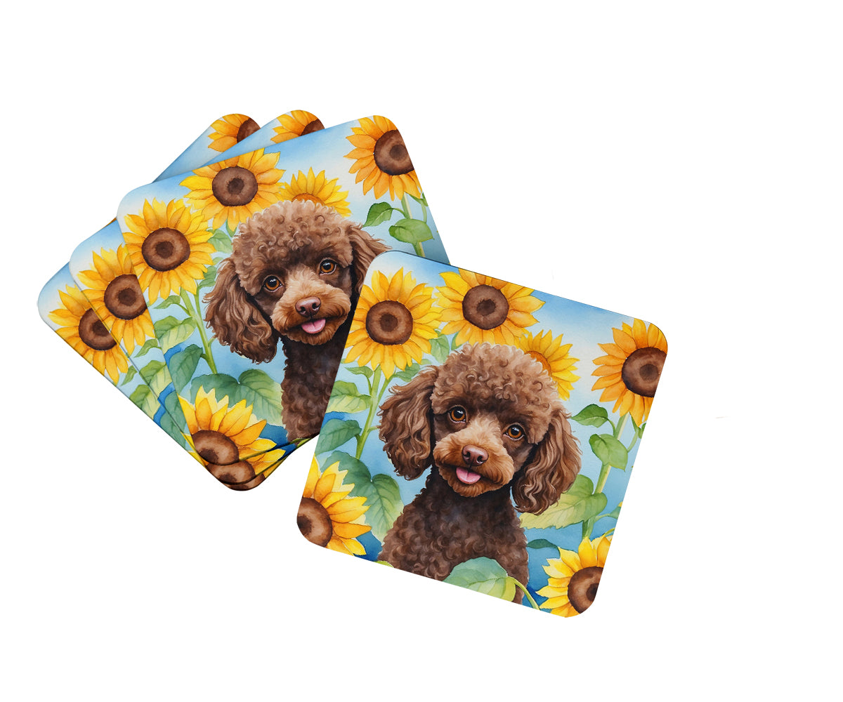 Buy this Chocolate Poodle in Sunflowers Foam Coasters