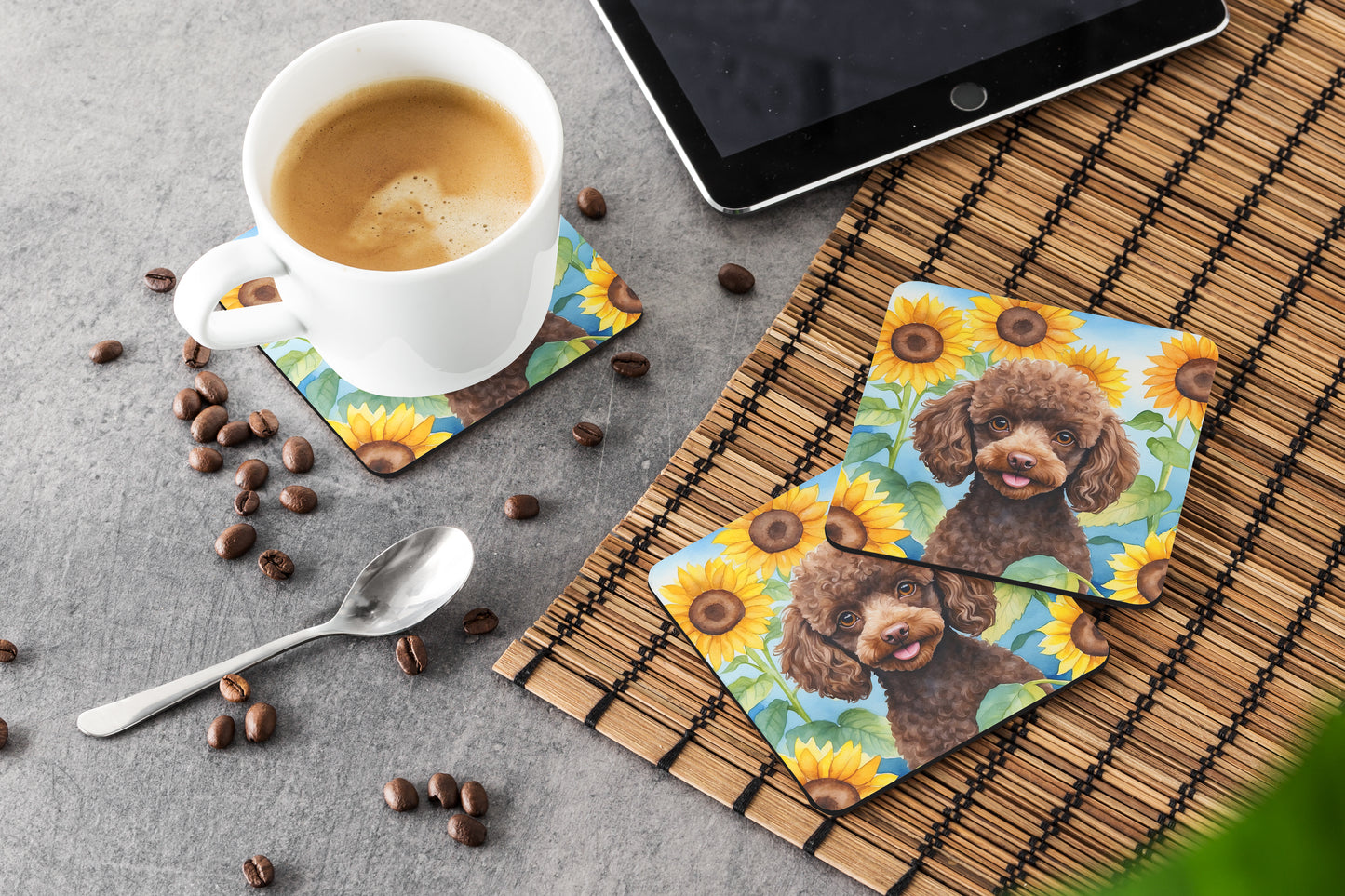 Chocolate Poodle in Sunflowers Foam Coasters