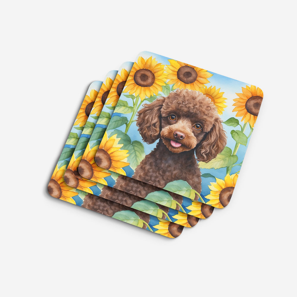 Chocolate Poodle in Sunflowers Foam Coasters