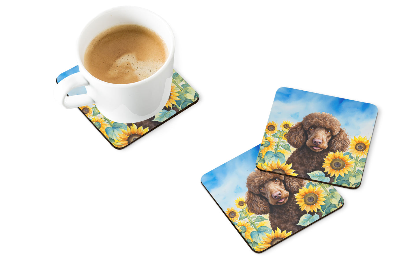 Chocolate Poodle in Sunflowers Foam Coasters