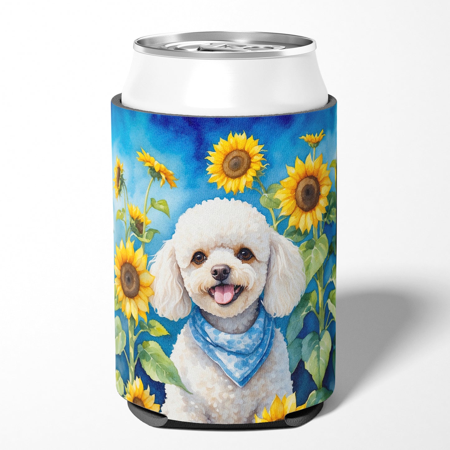 White Poodle in Sunflowers Can or Bottle Hugger