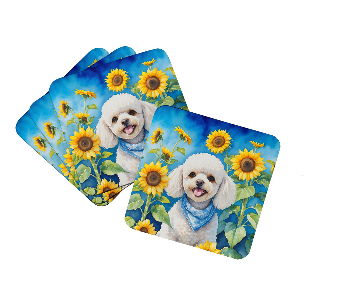 Buy this White Poodle in Sunflowers Foam Coasters