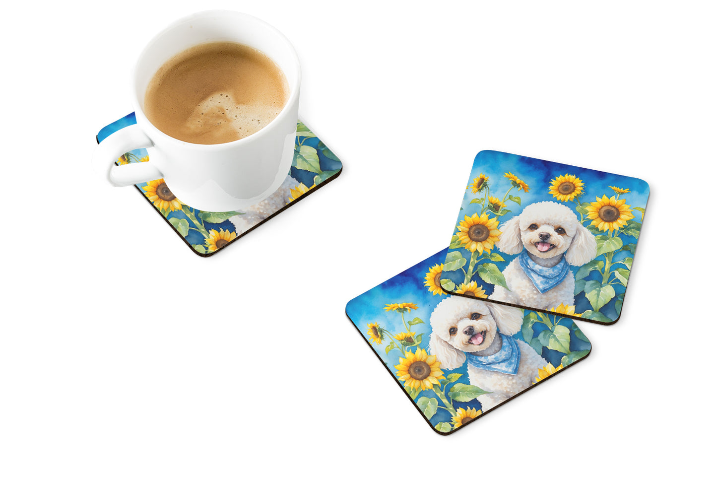 White Poodle in Sunflowers Foam Coasters