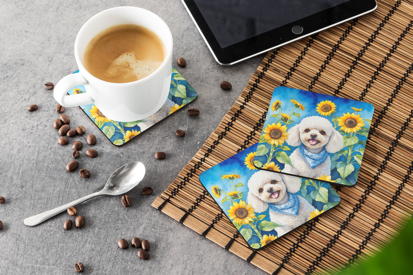 White Poodle in Sunflowers Foam Coasters