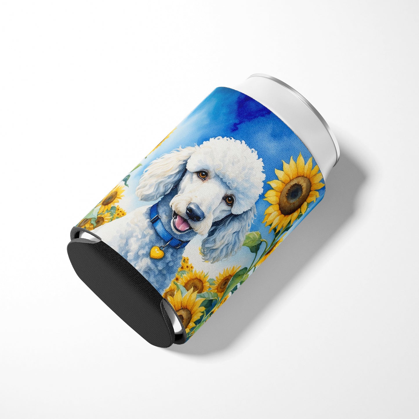 White Poodle in Sunflowers Can or Bottle Hugger