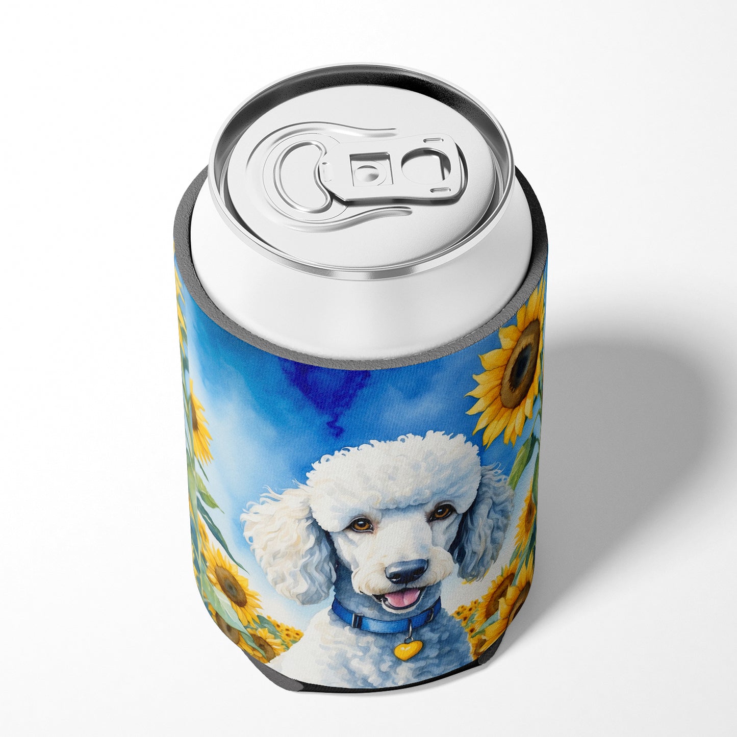 White Poodle in Sunflowers Can or Bottle Hugger