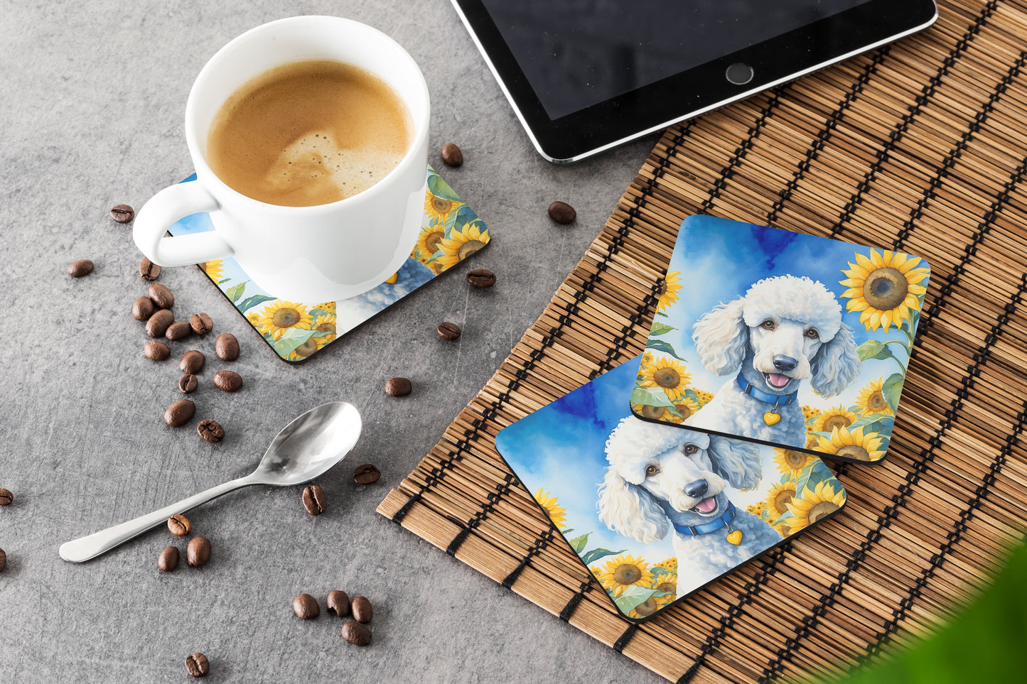 White Poodle in Sunflowers Foam Coasters