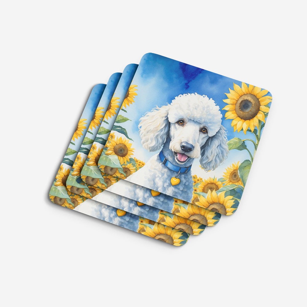 White Poodle in Sunflowers Foam Coasters