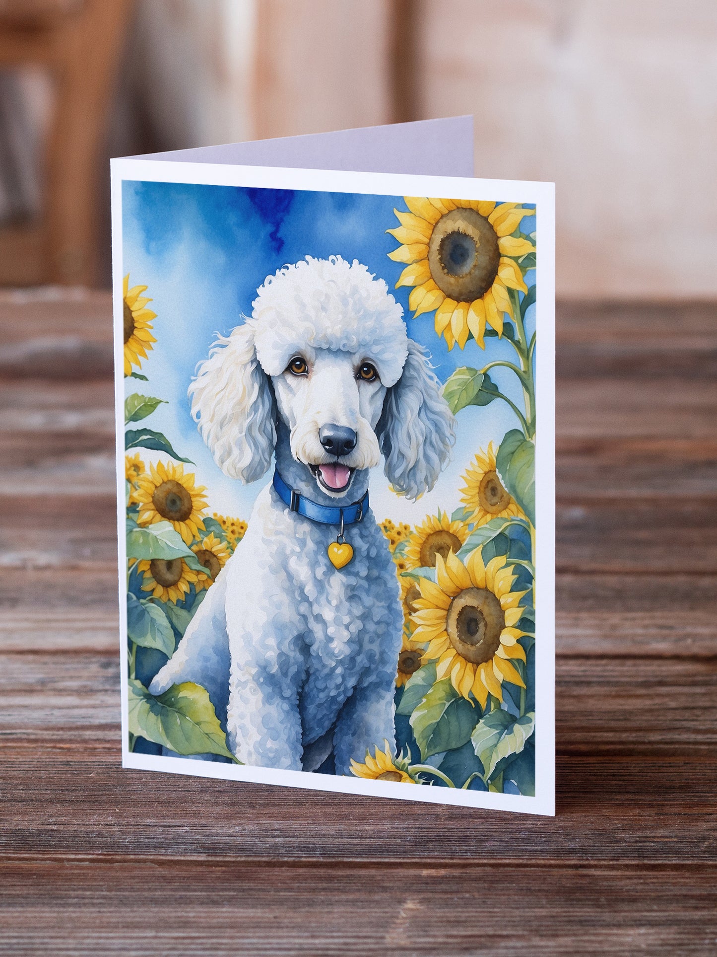 White Poodle in Sunflowers Greeting Cards Pack of 8