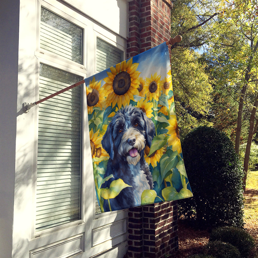 Portuguese Water Dog in Sunflowers House Flag