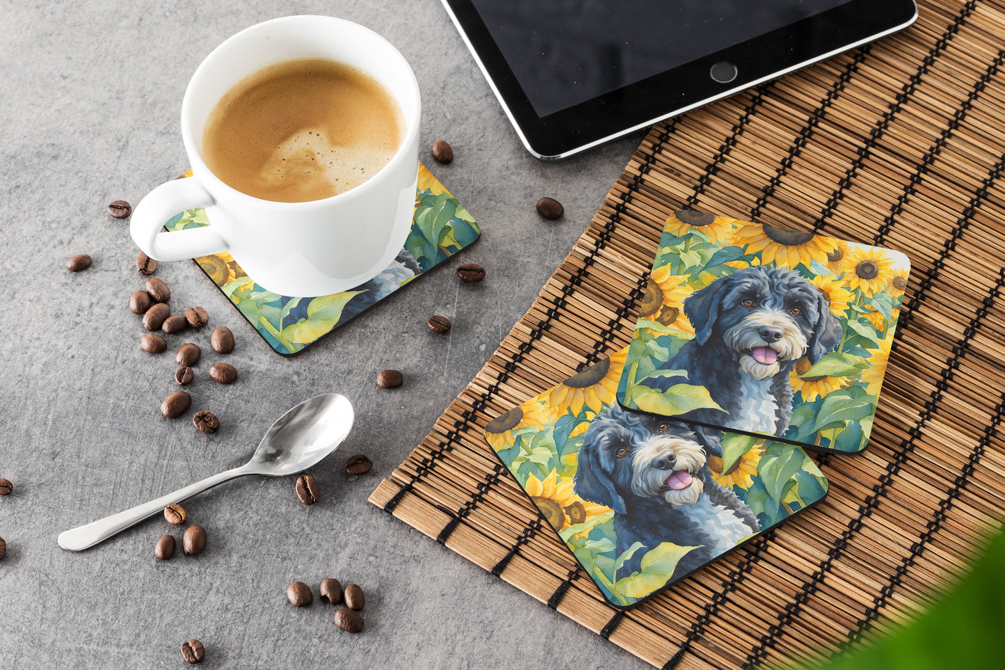 Portuguese Water Dog in Sunflowers Foam Coasters