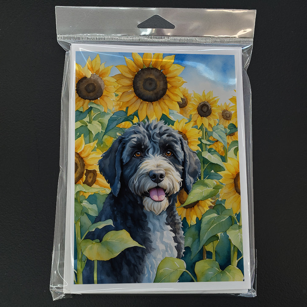 Portuguese Water Dog in Sunflowers Greeting Cards Pack of 8