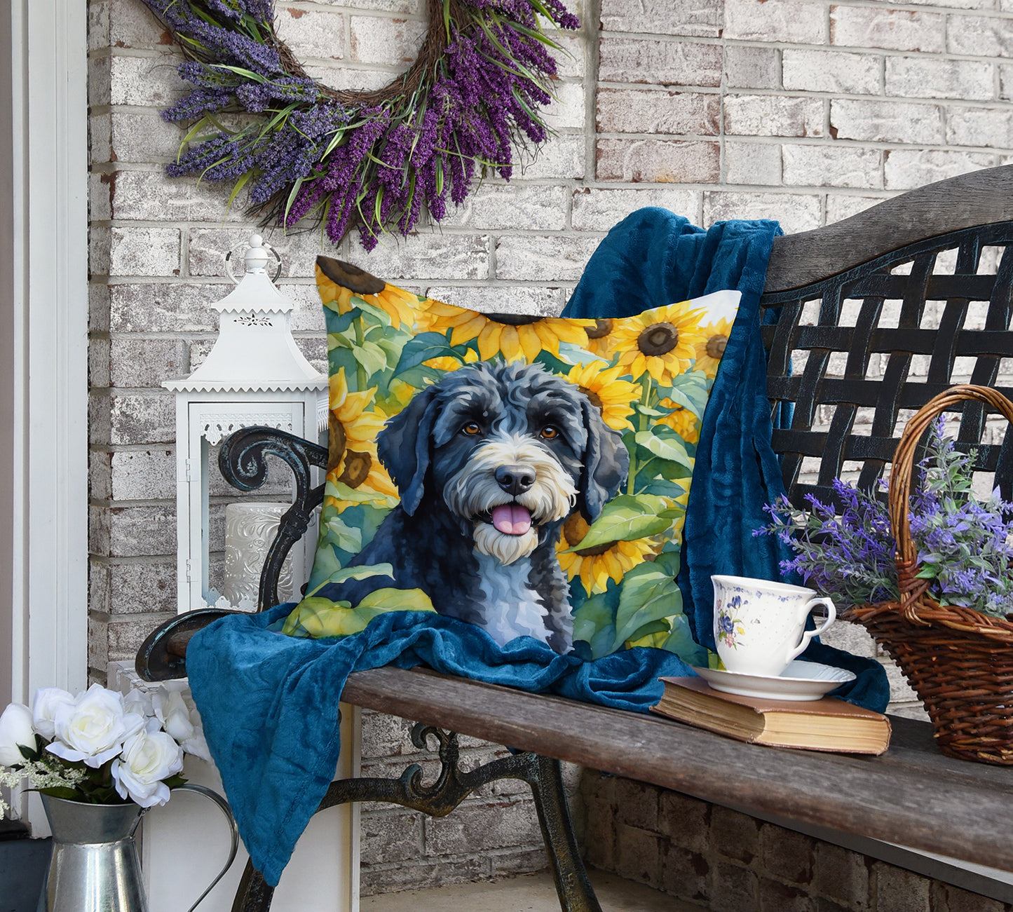 Portuguese Water Dog in Sunflowers Throw Pillow