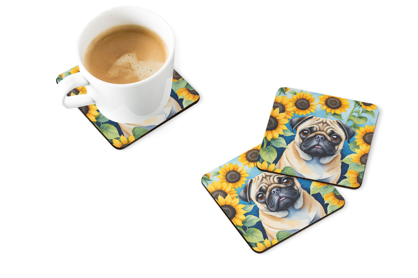 Pug in Sunflowers Foam Coasters