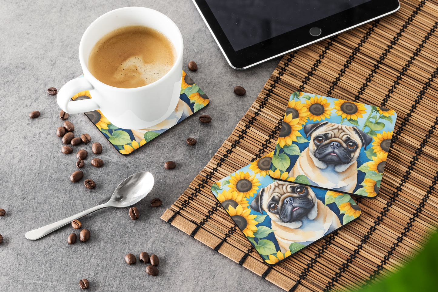Pug in Sunflowers Foam Coasters