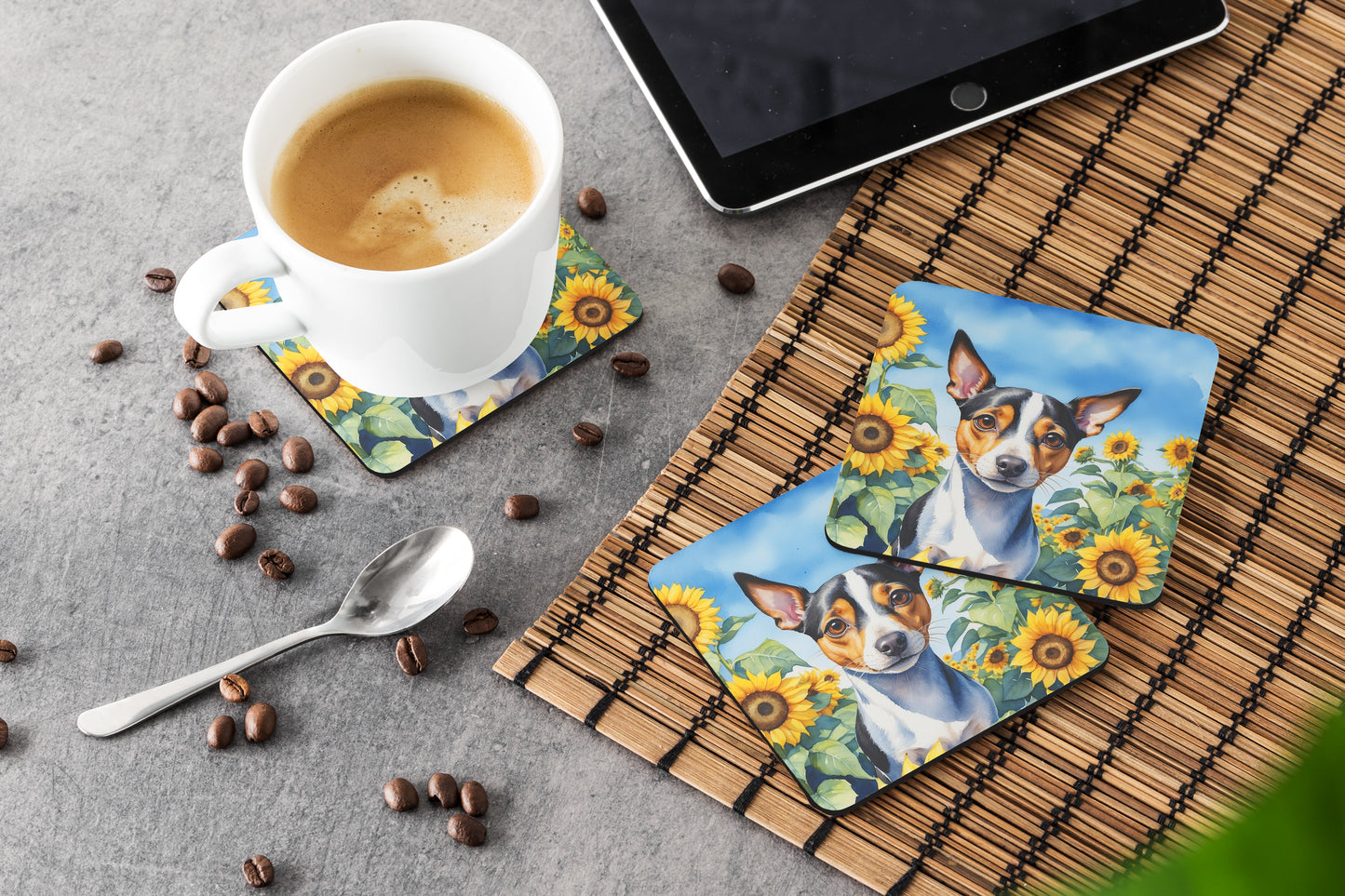 Rat Terrier in Sunflowers Foam Coasters