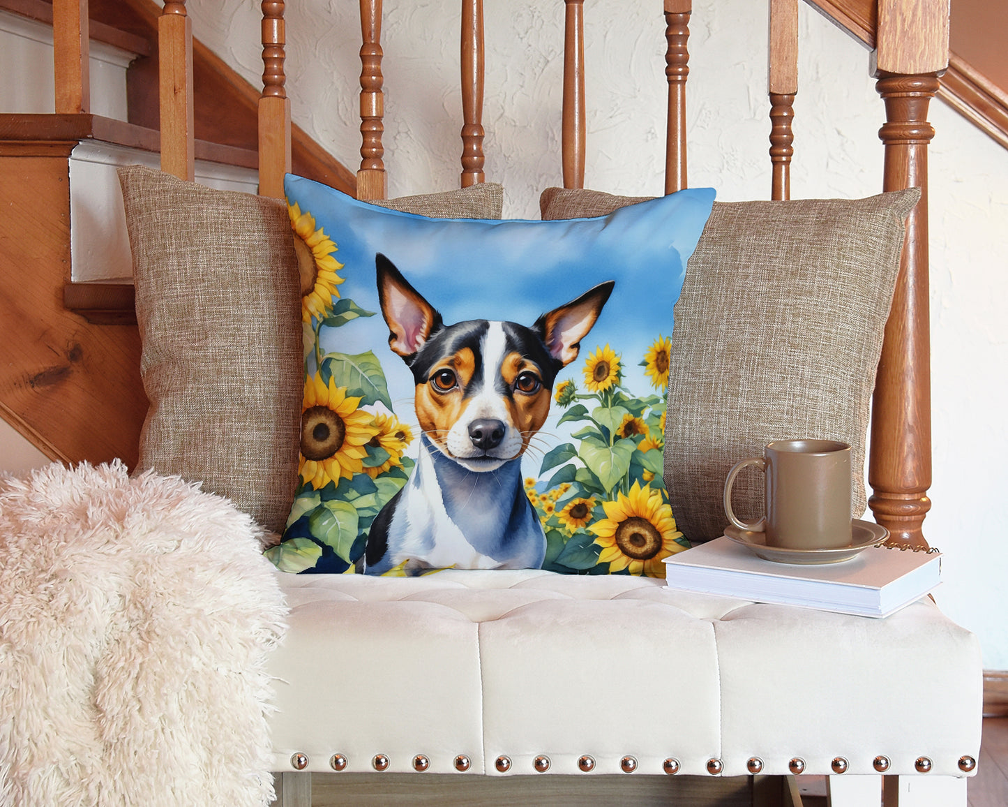 Rat Terrier in Sunflowers Throw Pillow