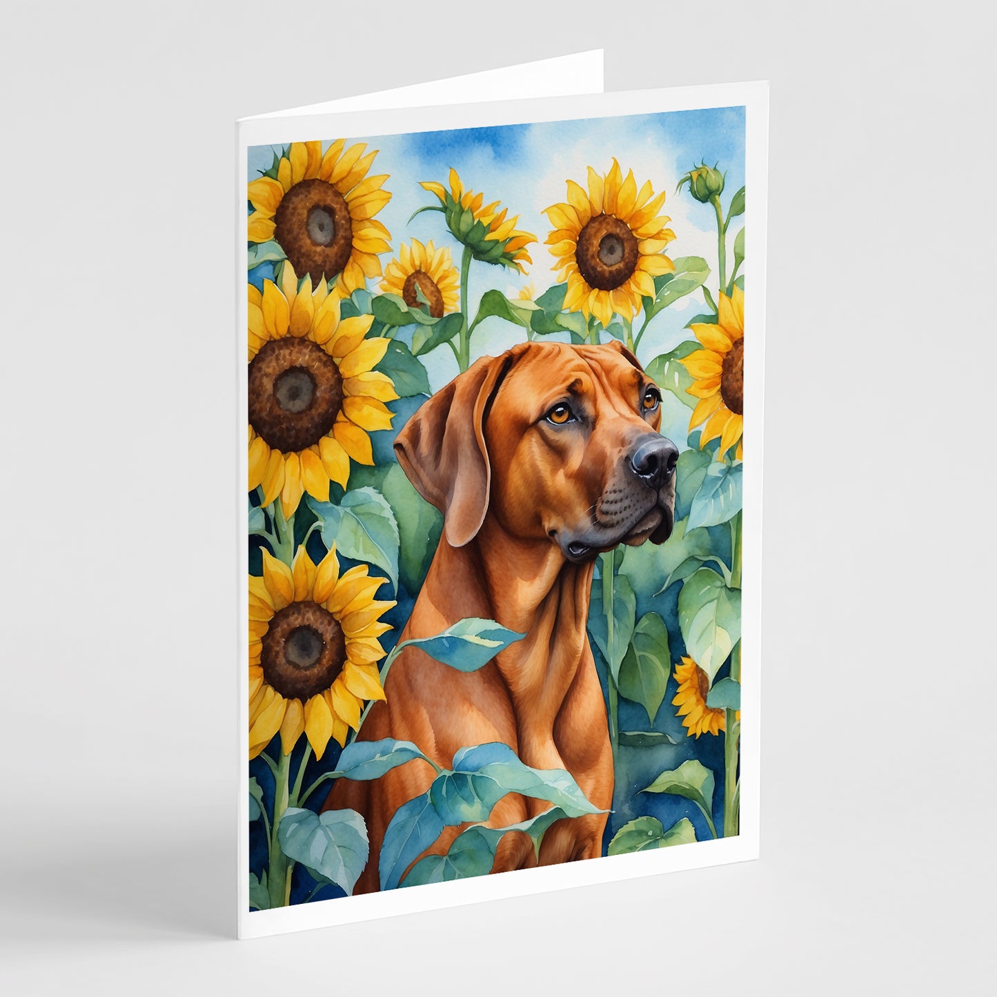 Buy this Rhodesian Ridgeback in Sunflowers Greeting Cards Pack of 8