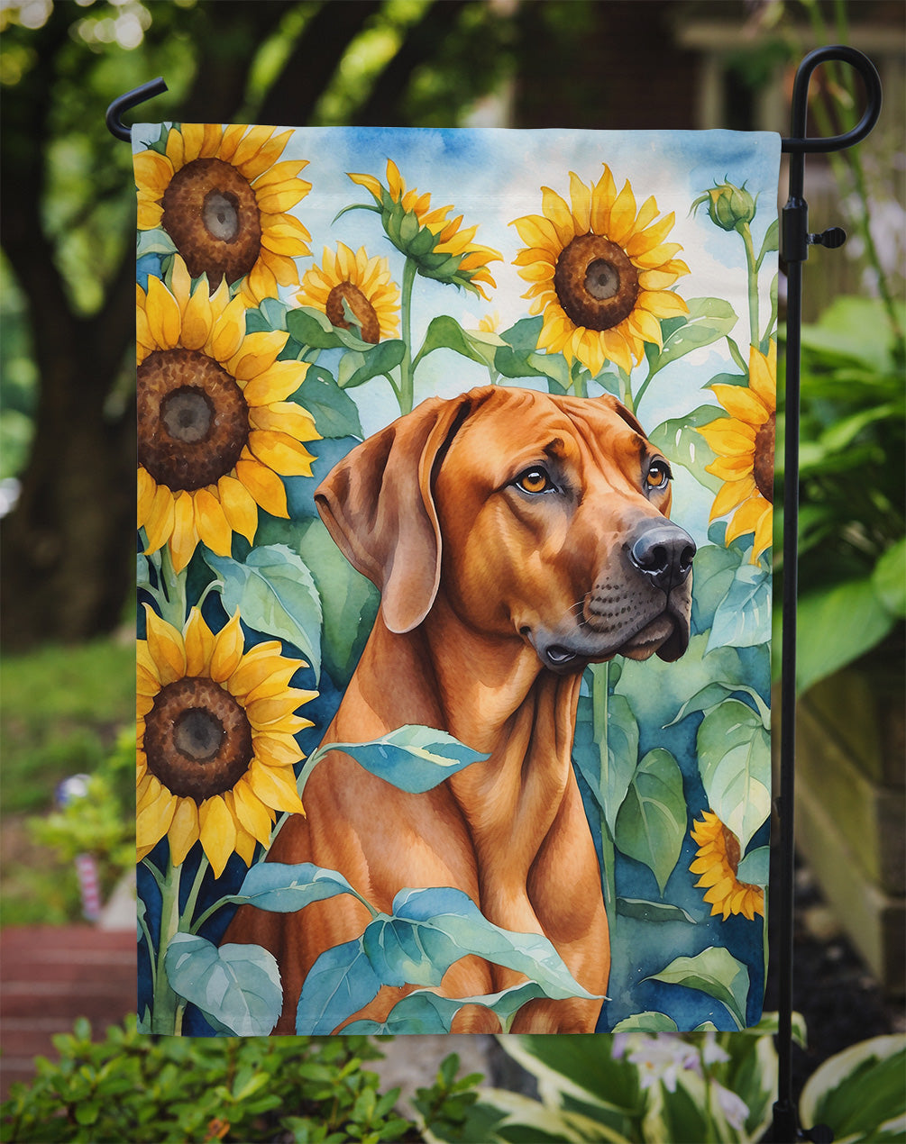 Rhodesian Ridgeback in Sunflowers Garden Flag