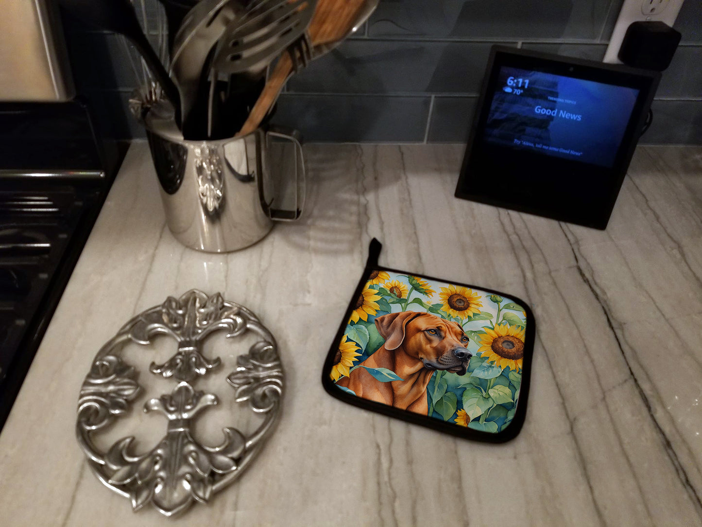 Rhodesian Ridgeback in Sunflowers Pair of Pot Holders