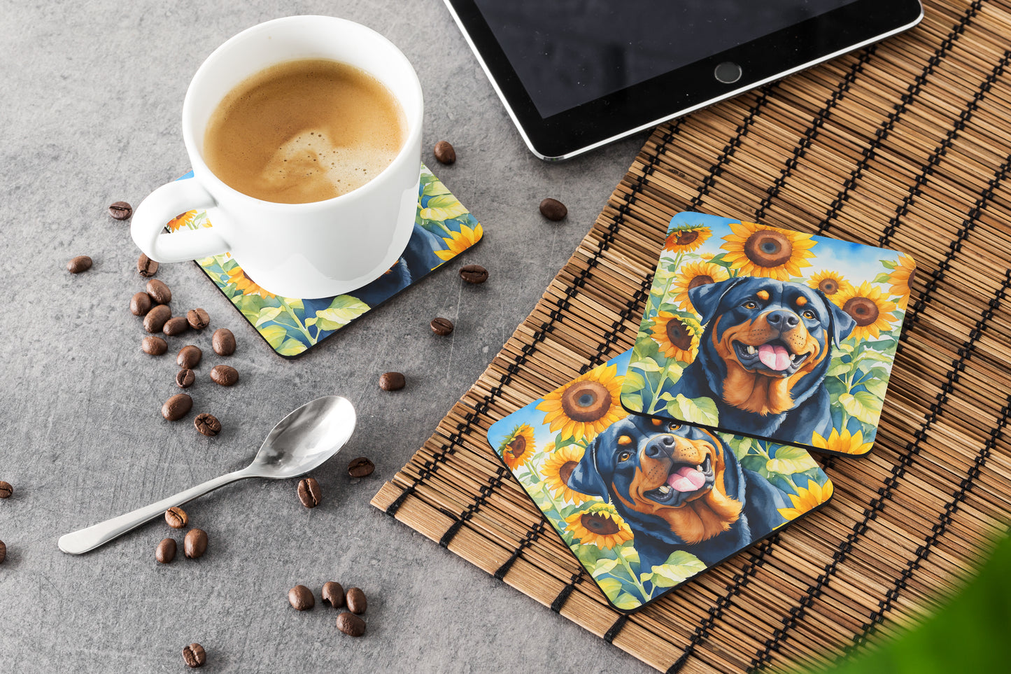 Rottweiler in Sunflowers Foam Coasters