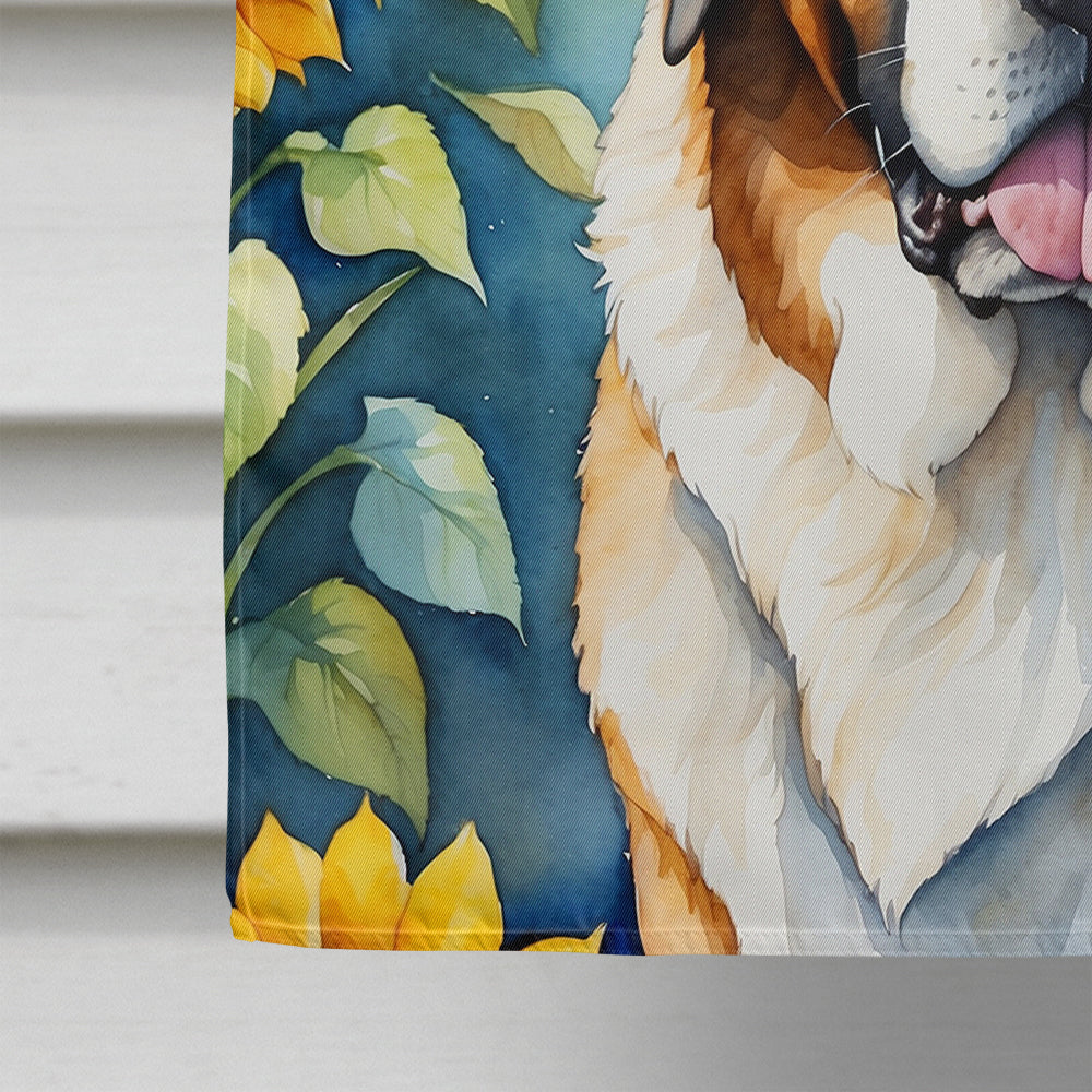 Saint Bernard in Sunflowers House Flag