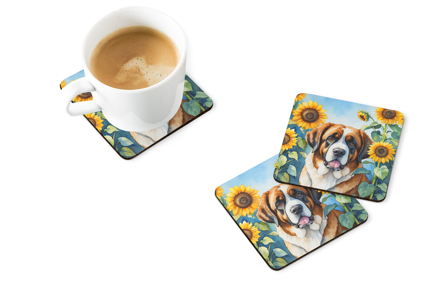 Saint Bernard in Sunflowers Foam Coasters