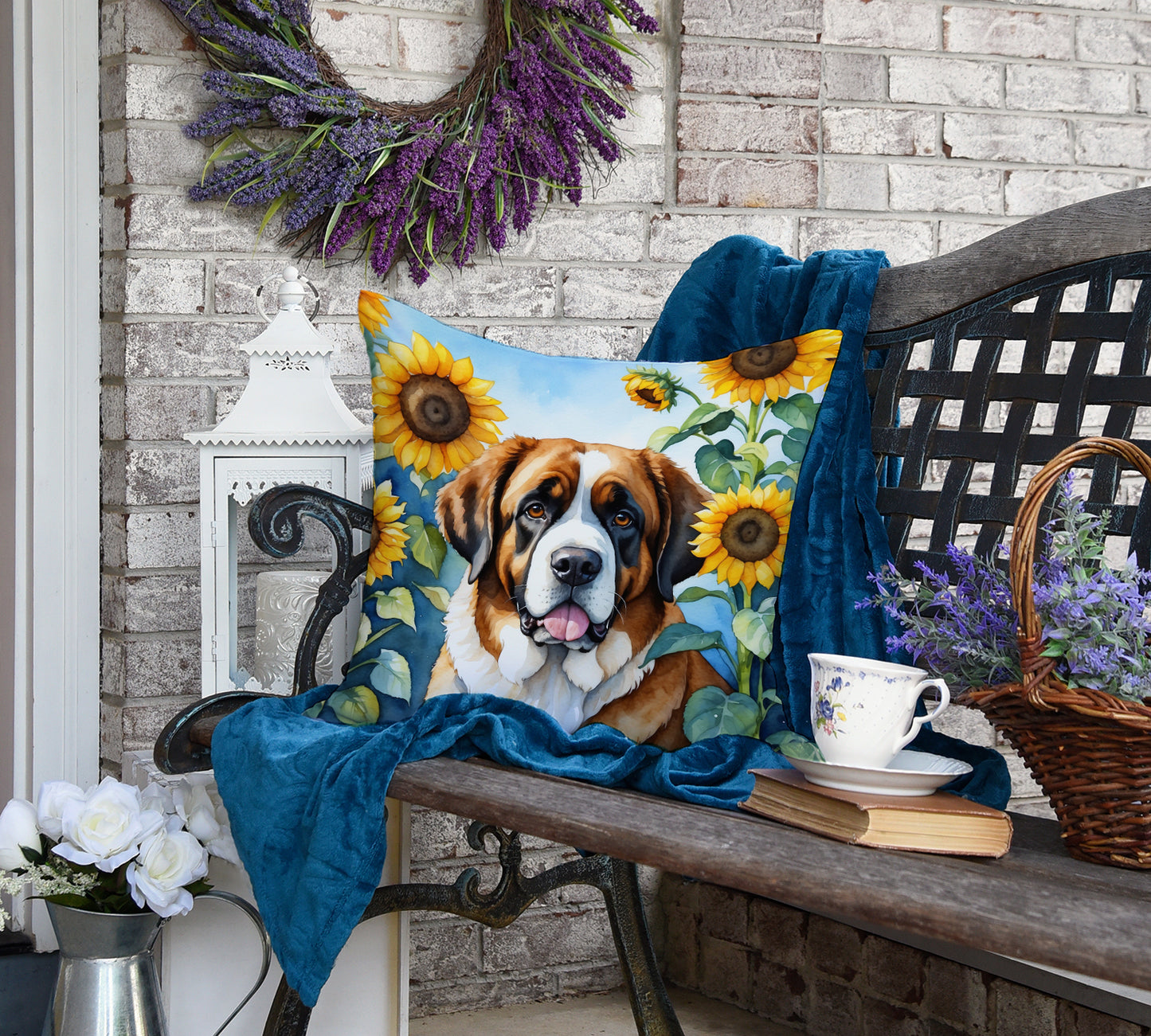 Saint Bernard in Sunflowers Throw Pillow