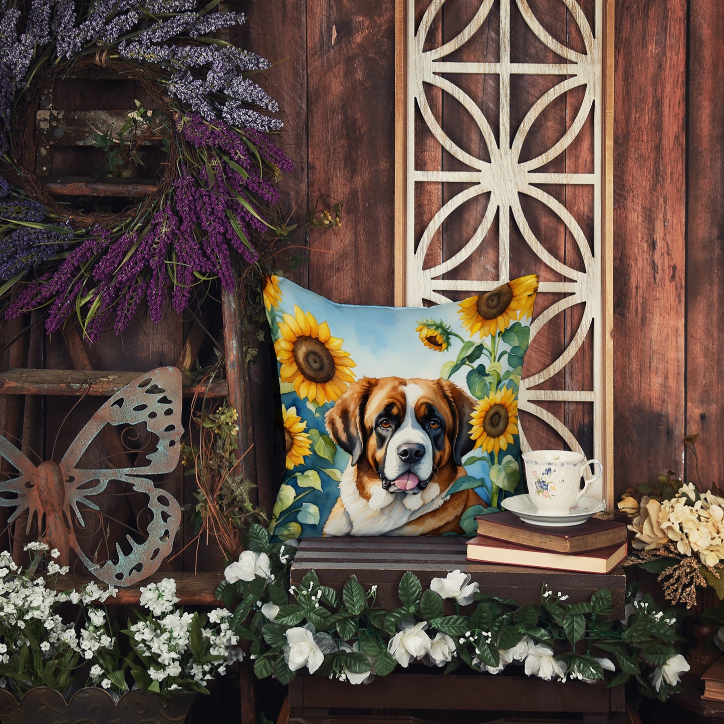 Saint Bernard in Sunflowers Throw Pillow