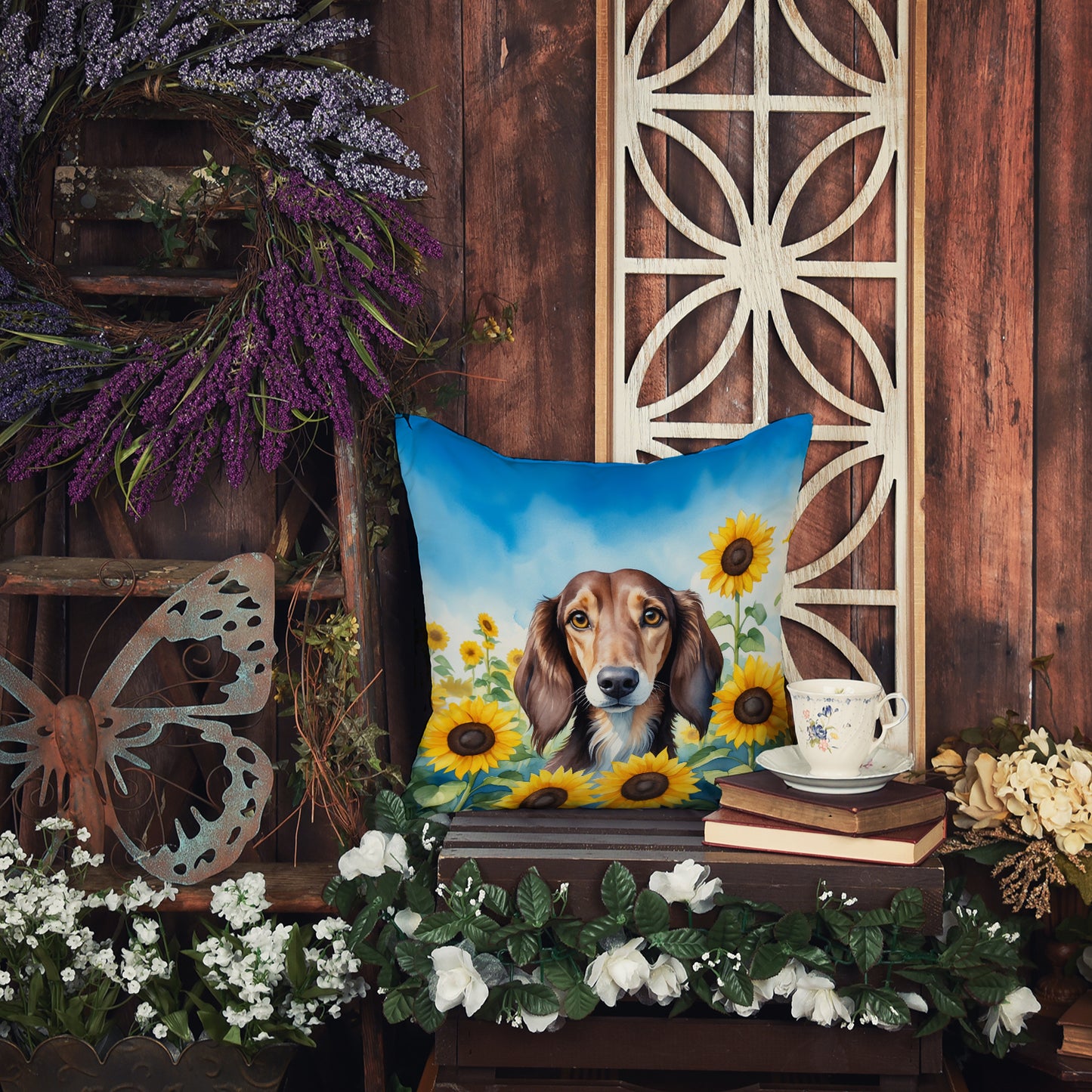 Saluki in Sunflowers Throw Pillow