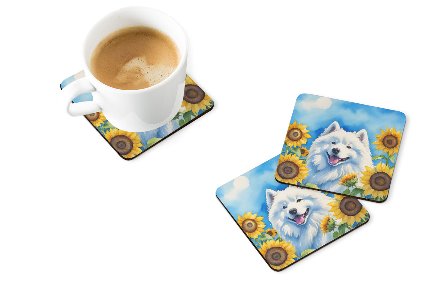 Samoyed in Sunflowers Foam Coasters