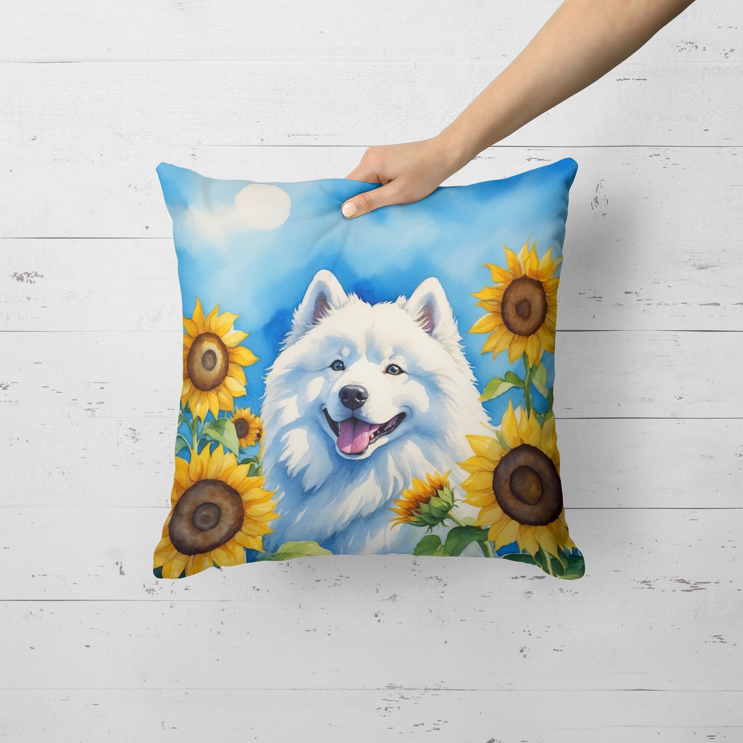 Samoyed in Sunflowers Throw Pillow