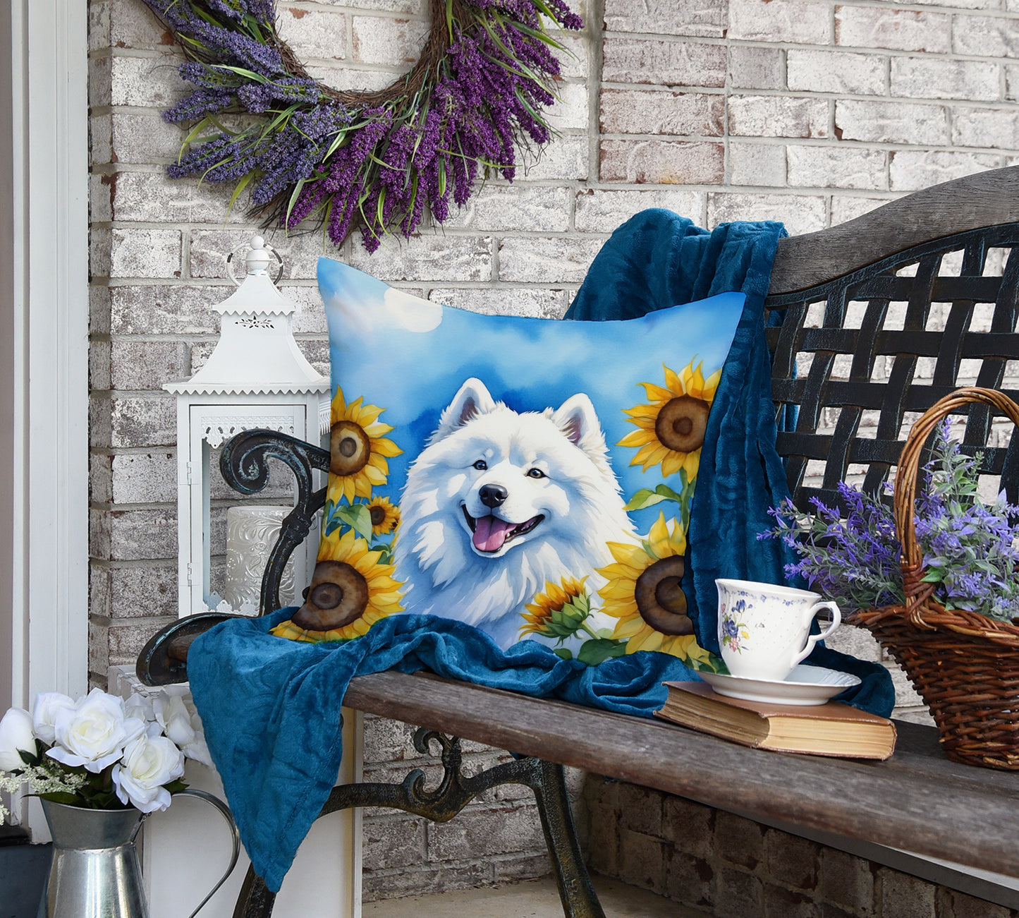 Samoyed in Sunflowers Throw Pillow