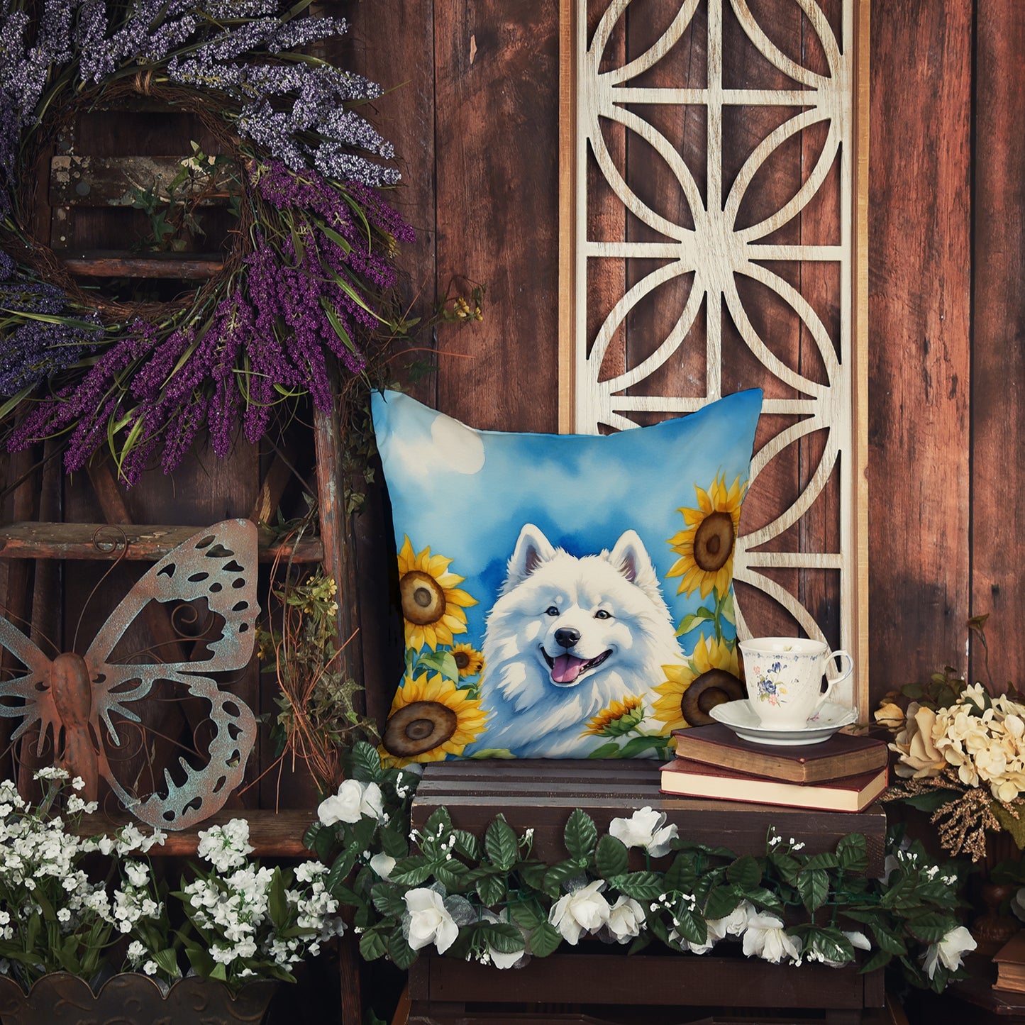 Samoyed in Sunflowers Throw Pillow